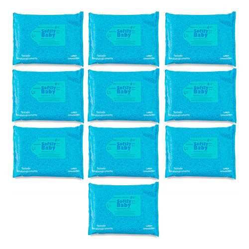 Lenços Umedecidos Higiene Limpeza Banho Bebê Softly Baby 10 pacotes com 100 Unidades Vitaminas A C E Aloe Vera Camomila