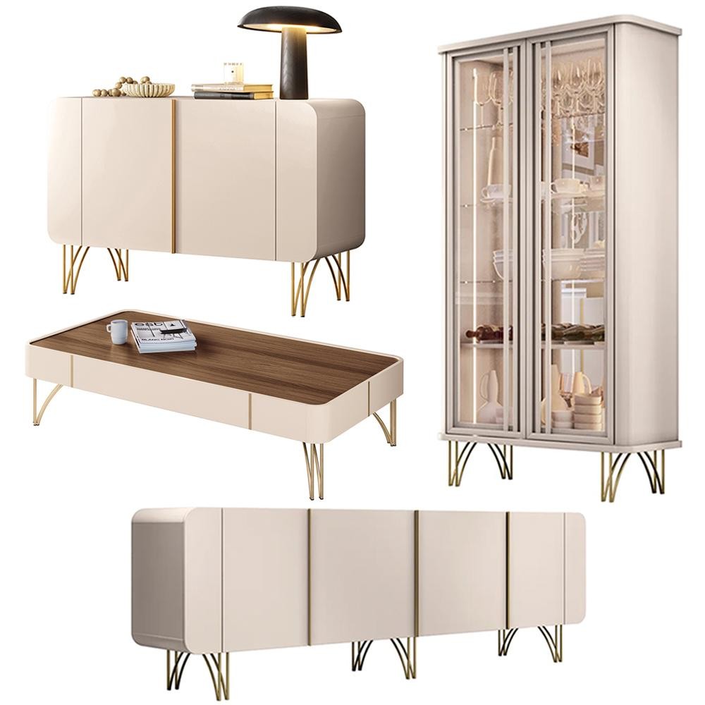 Conjunto 1 Cristaleira 2 Buffets e 1 Mesa de Centro Texas/Virginia/Bambino/Rennes Off White/Castanho G26 - Gran Belo