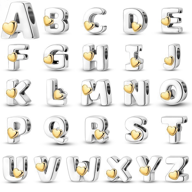 Original genuíno charme S925 prata esterlina 26 letras contas adequado pulseira DIY contas sorte jóias presente de anive