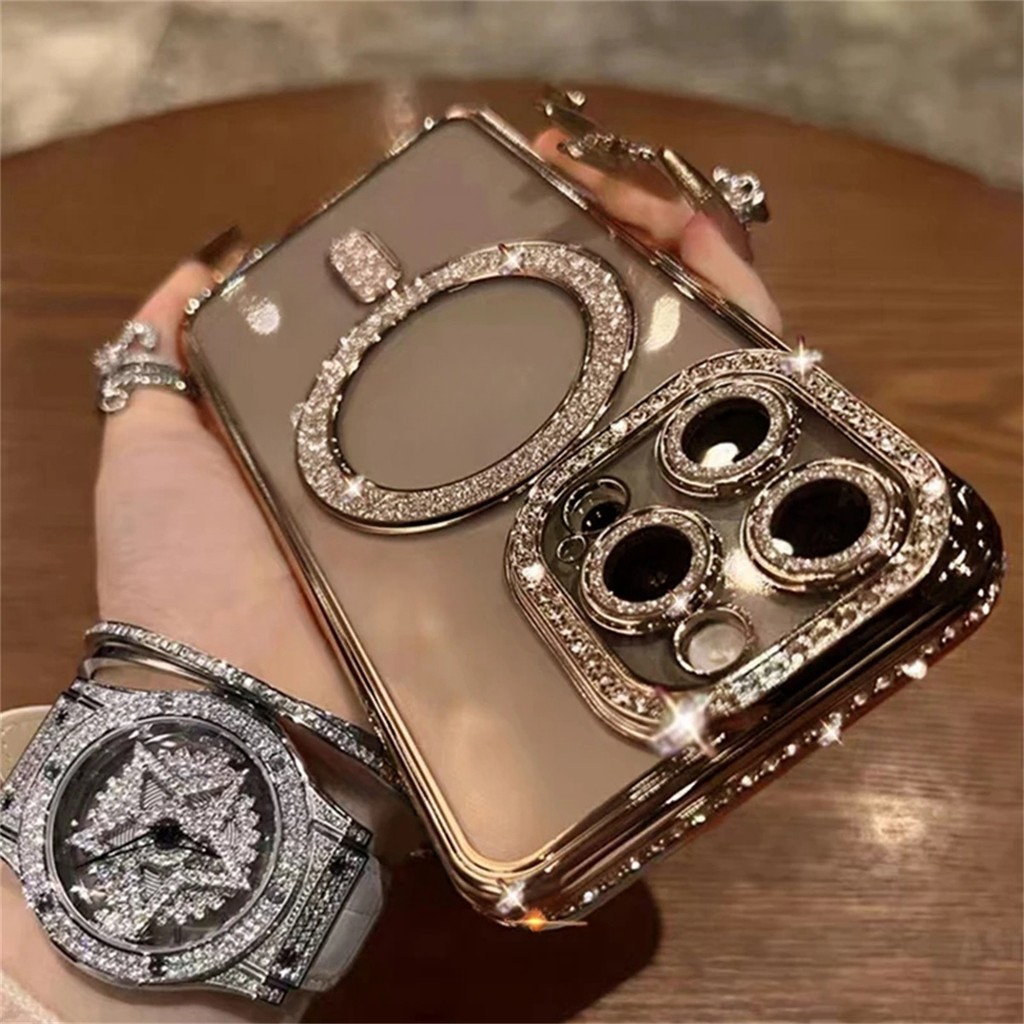 Bling Glitter Strass Capa De Telefone Magnética Para iPhone 16 15 14 13 12 11 Pro Max Plus Protetor De Câmera À Prova De em Oferta na Shopee