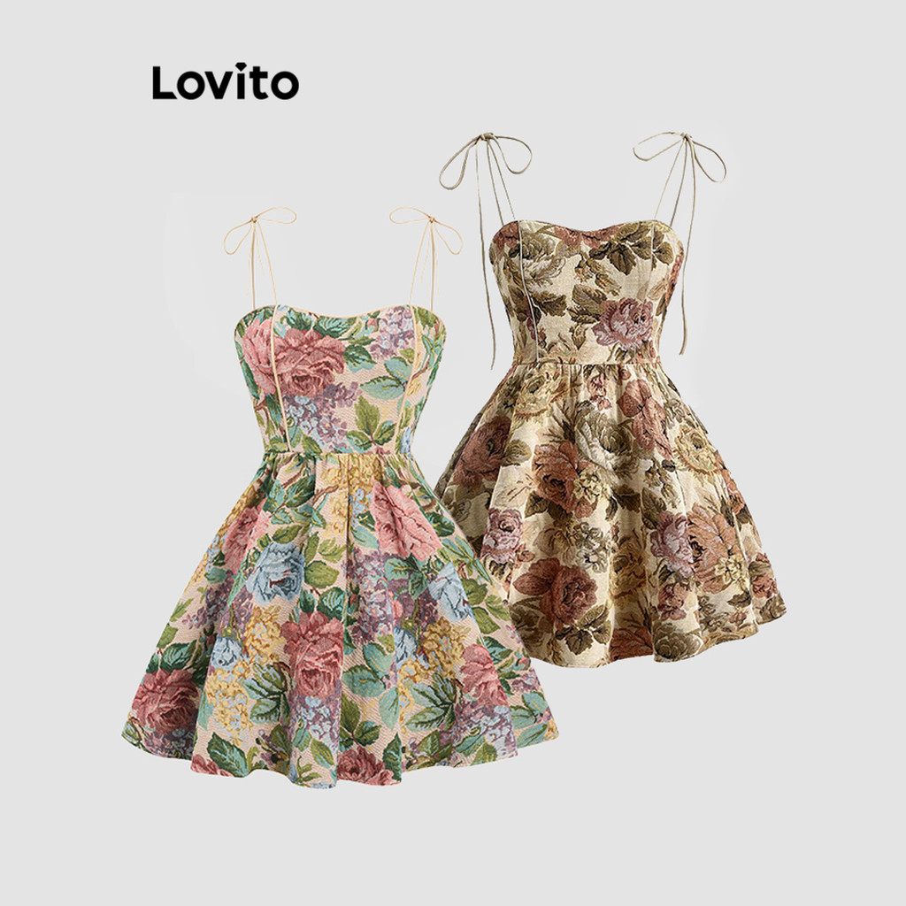 Lovito Vestido Casual Ditsy Floral Jacquard Com Cadarço E Estrutura Para Mulheres L80ED421 (Multicolorido) em Oferta na Shopee