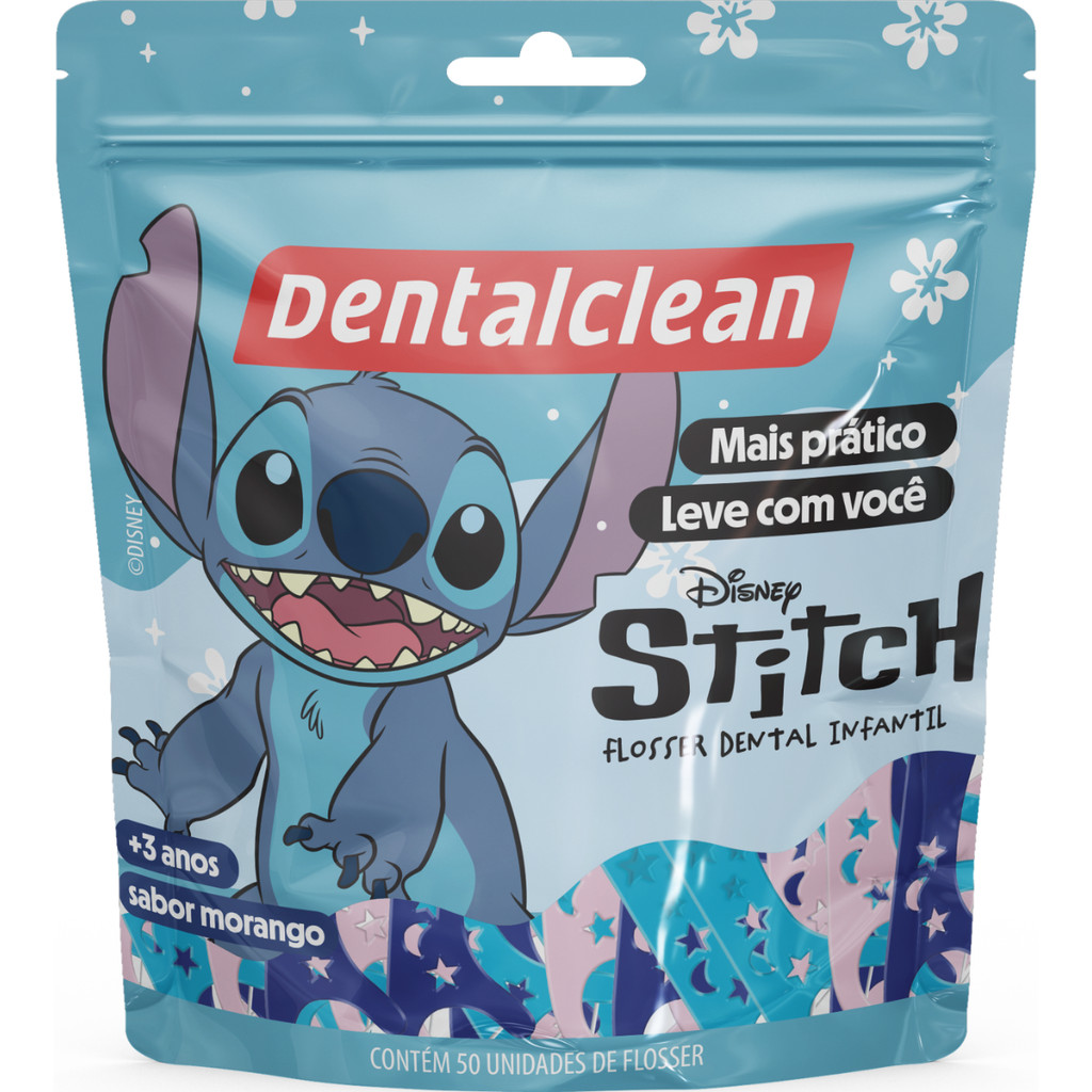 Fio Dental Flosser Infantil Stitch Sabor Morango 50 unidades Colorido Forquilha Haste Dentalclean