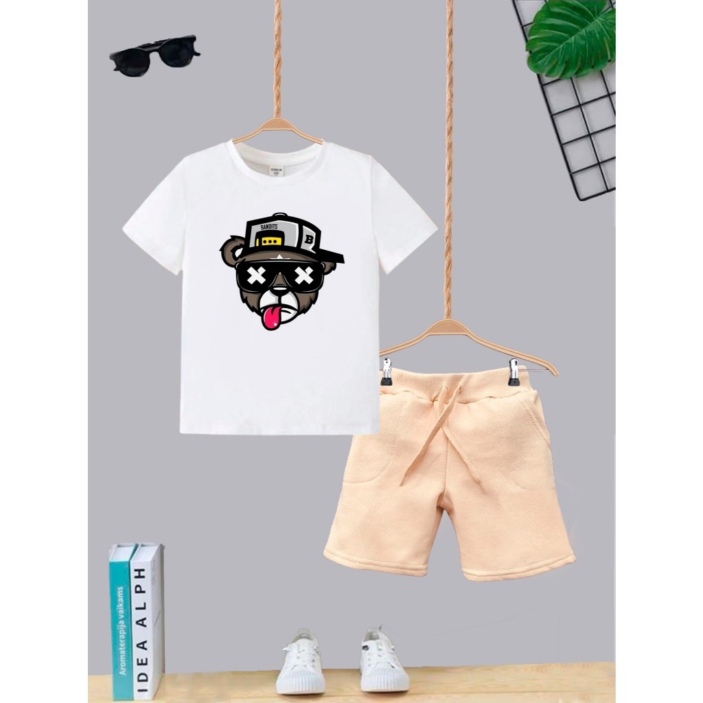 Conjunto Bermuda Bege Com Bolso + Camiseta Algodão Urso Xadrez Moda Infantil Kids Juvenil