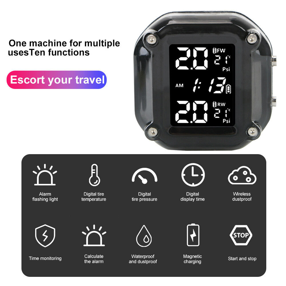 Detalhes do Sistema De Monitoramento De Pressão De Pneus TPMS De Motocicleta Com 2 Sensores Externos Display LCD Alarme De Temperatura À Prova D'água Carregamento USB