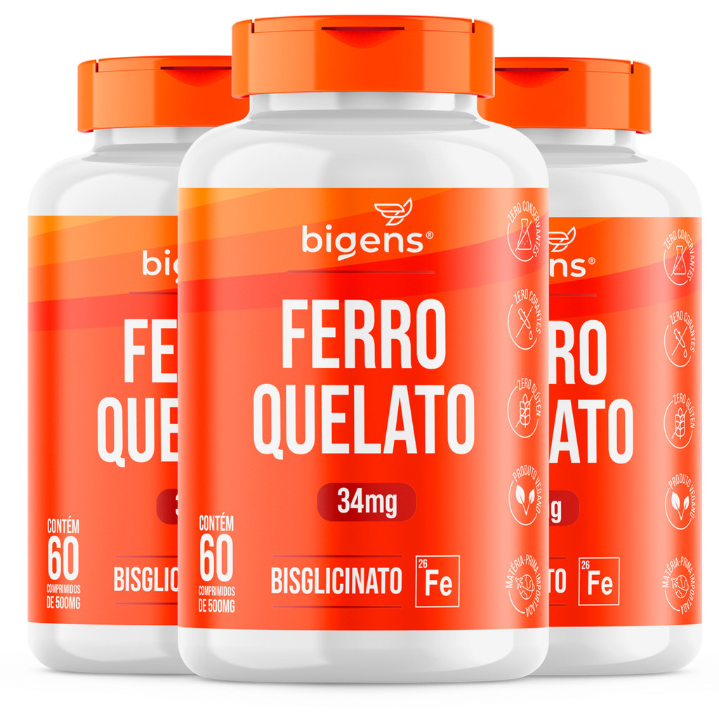 BIGENS KIT 3X FERRO QUELATO 34MG 60 TAB em Oferta na Shopee