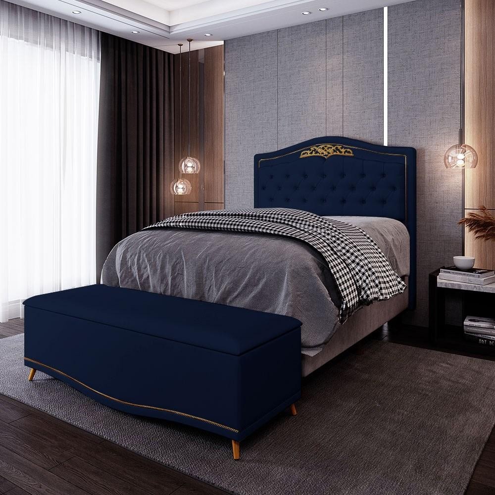 Cabeceira Cama Box Casal Queen 160cm Com Calçadeira Baú Imperial Veludo J02 Azul - Mpozenato