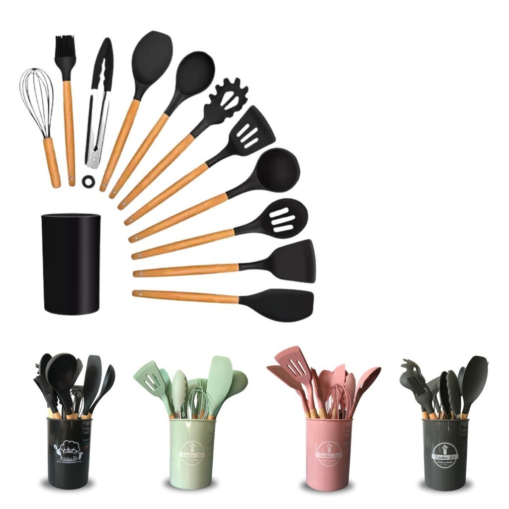 Kit 12 Utensílios Cozinha Silicone Cabo Bambu Resistente Cores
