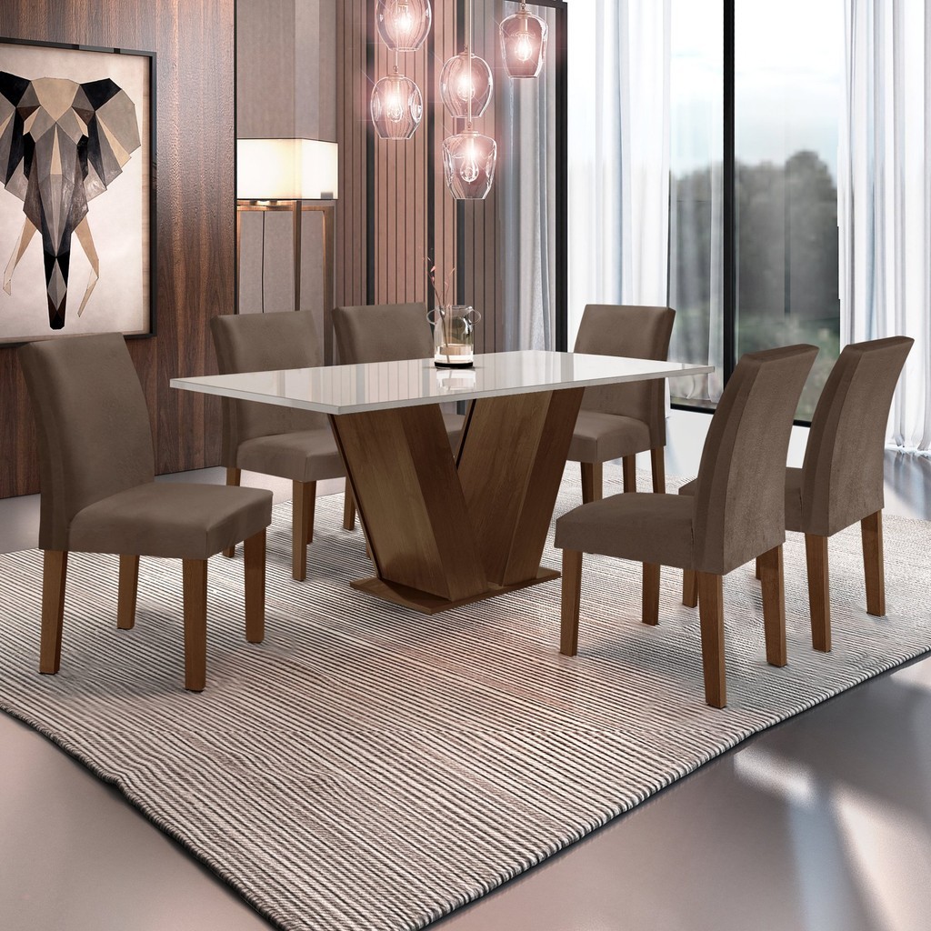 Conjunto Sala de Jantar 1 Mesa 160x80cm Tampo MDF/Vidro 6 Cadeiras Espanha Yescasa Chocolate/Marrom - Home & Living