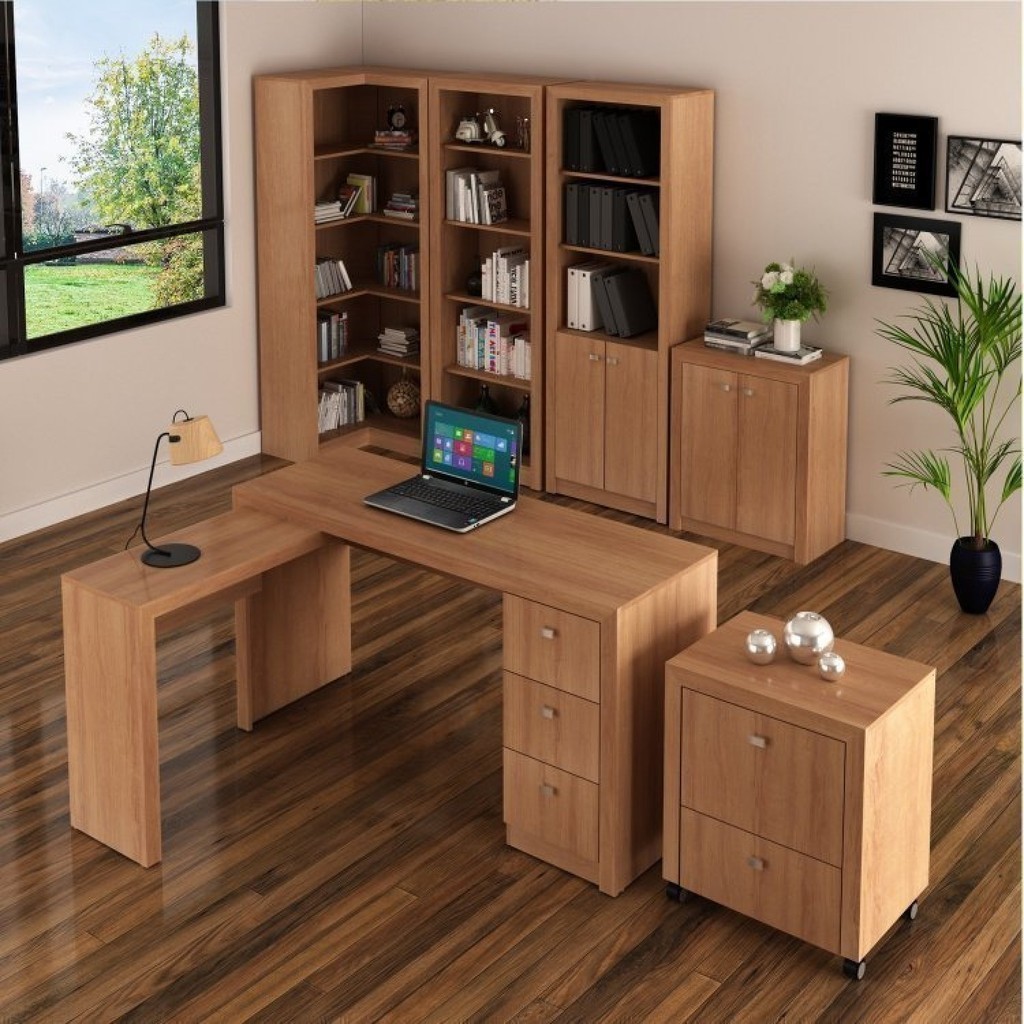 Kit Escritório 6 Peças com Mesa para Escritório em L, Balcão,  Gaveteiro,  Armário Multiuso Alto e 2 Estantes - Home & Living