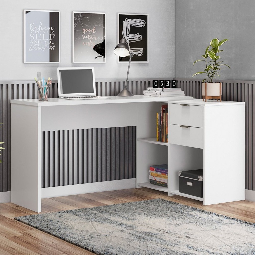 Mesa de Escritório em L 2 Gavetas 3 Nichos Office NT 2060  Branco New - Home & Living