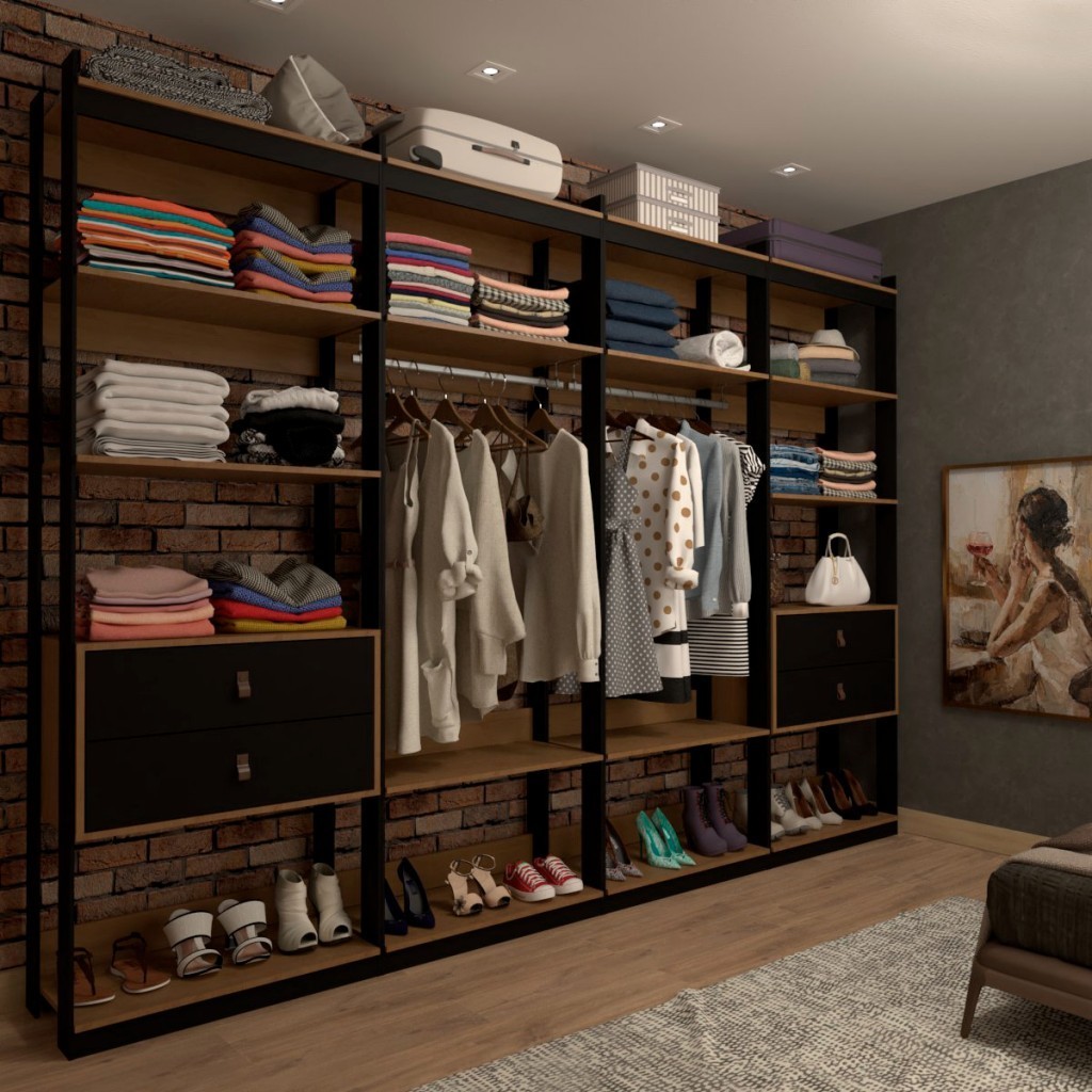 Closet Industrial Marseille 4 Gavetas 8 Prateleiras 2 Cabideiros Black/Brise - Panorama Móveis em Oferta na Shopee