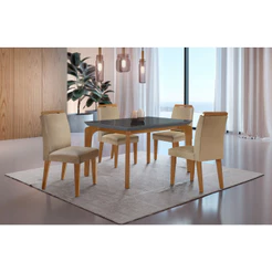 Conjunto Sala de Jantar Mesa Liz 120cm com Vidro Canto Reto e 4 Cadeiras Athenas Moderna