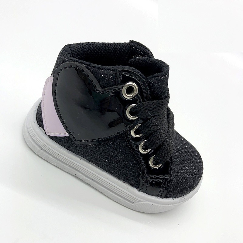 Botinha Bota Tênis Sapatinhos Bebe Calcados Infantil Sandalia Sapato Bota Menina Bota Coração Glitter Preto