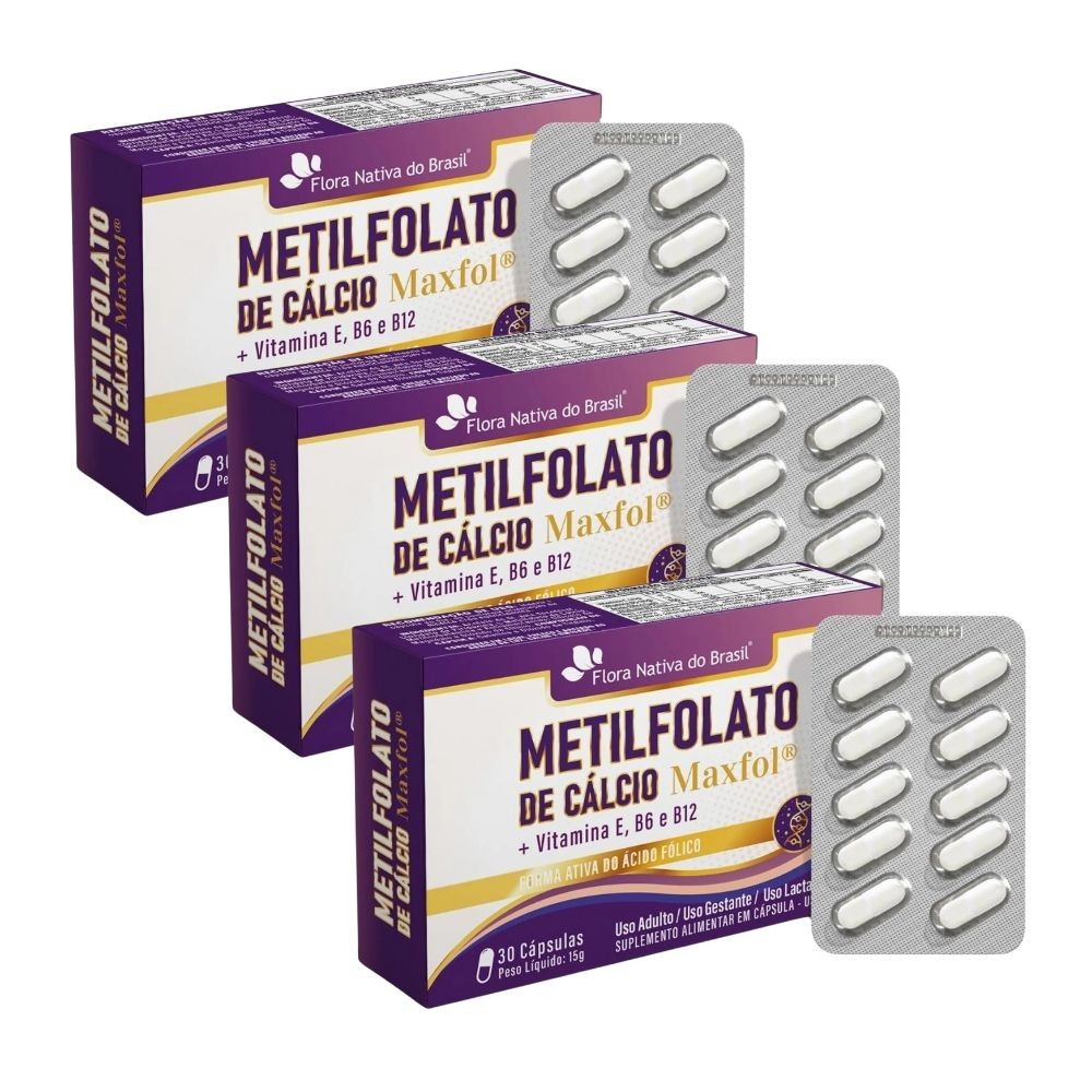 Kit 3un Metilfolato de Cálcio Maxfol + Vit E 10mg Vit B6 1,9mg Acd Fol 700mcg Vit B12 9mcg 30 Caps
