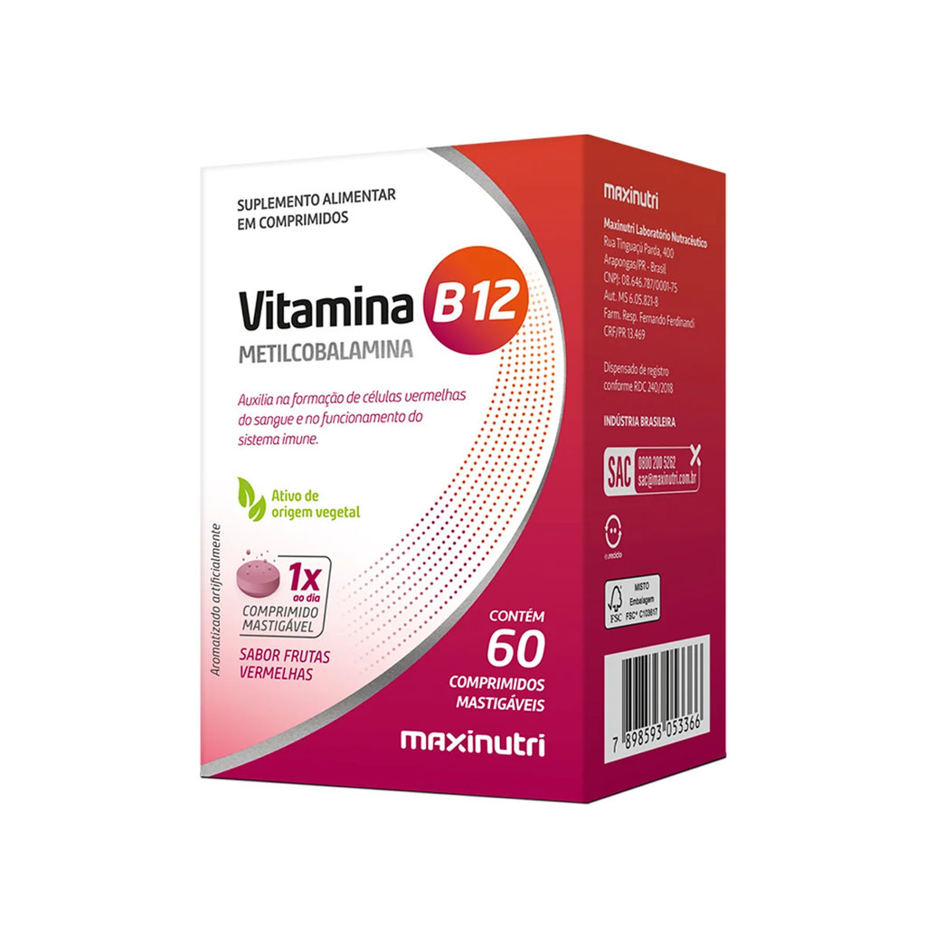 Suplemento Vitamina B12 60 Comp Mastigáveis - Maxinutri