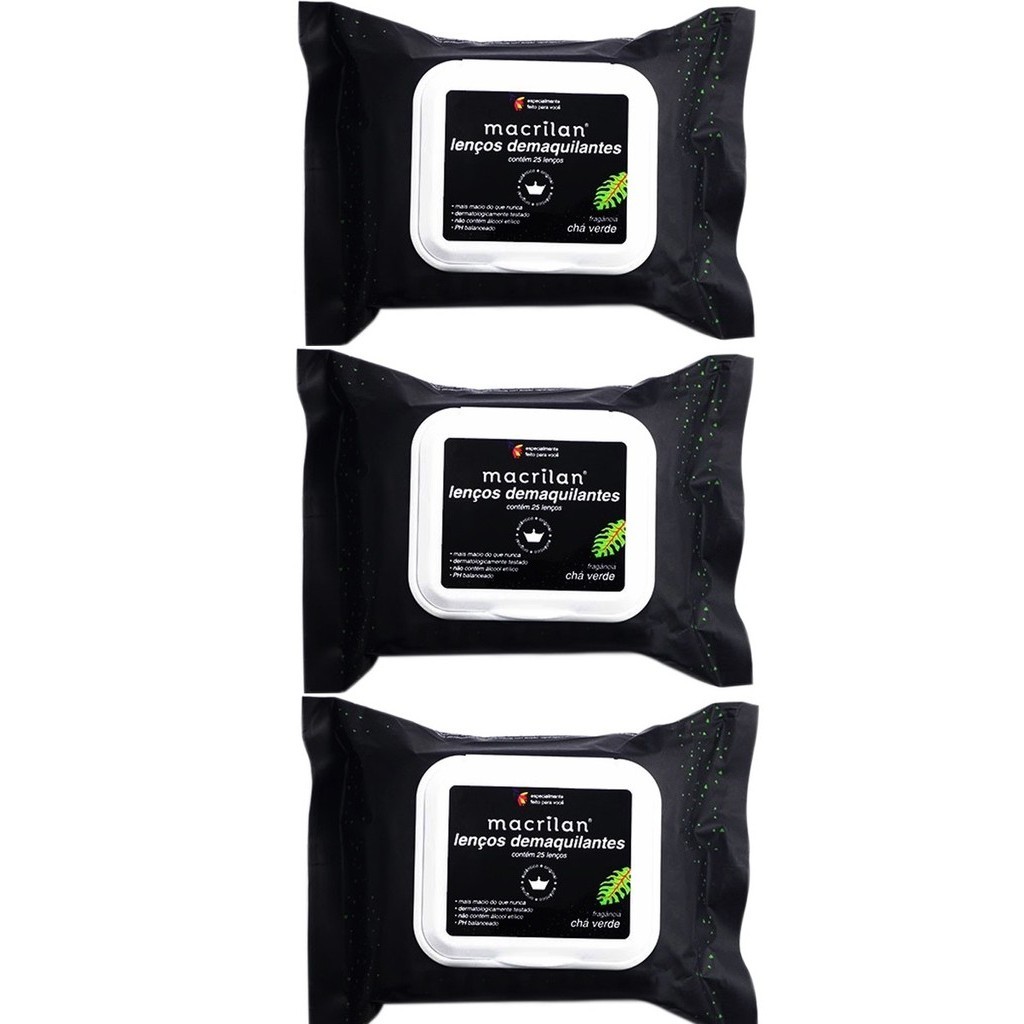 Kit 3 Pacotes 25un Lenços Demaquilante Macrilan com 75un