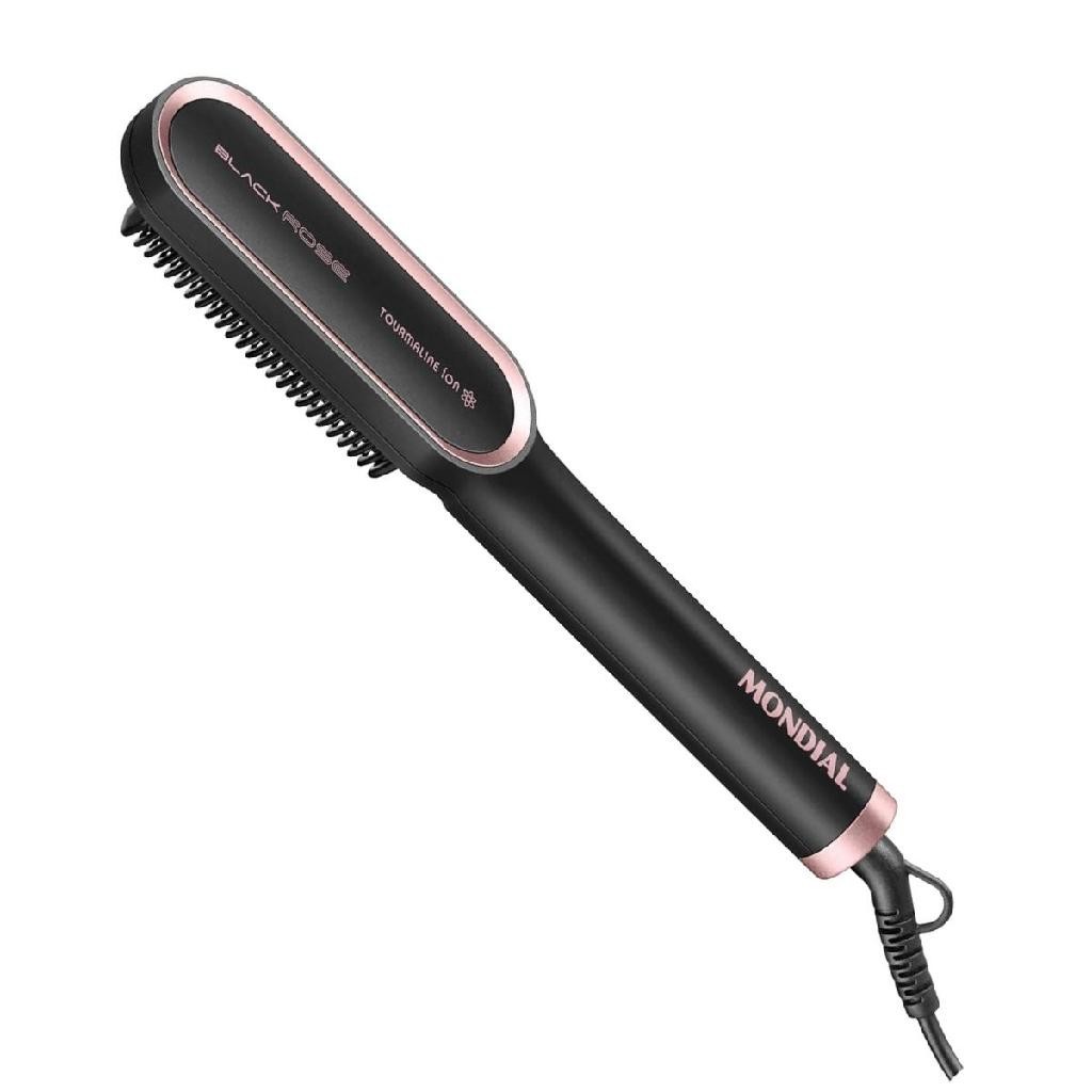 Escova Alisadora Mondial EA-07 Black Rose Tourmaline Ion PTC Potente até 230º Cabo Giratório Bivolt