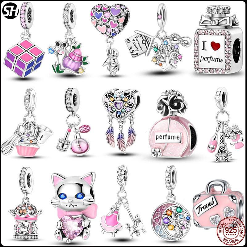 Venda A Quente S925 Sterling Silver Pink Series charms Fit Pandora Beads Pulseira Original Para Jóias Femininas Fazendo Perfume Carrossel De Caracol