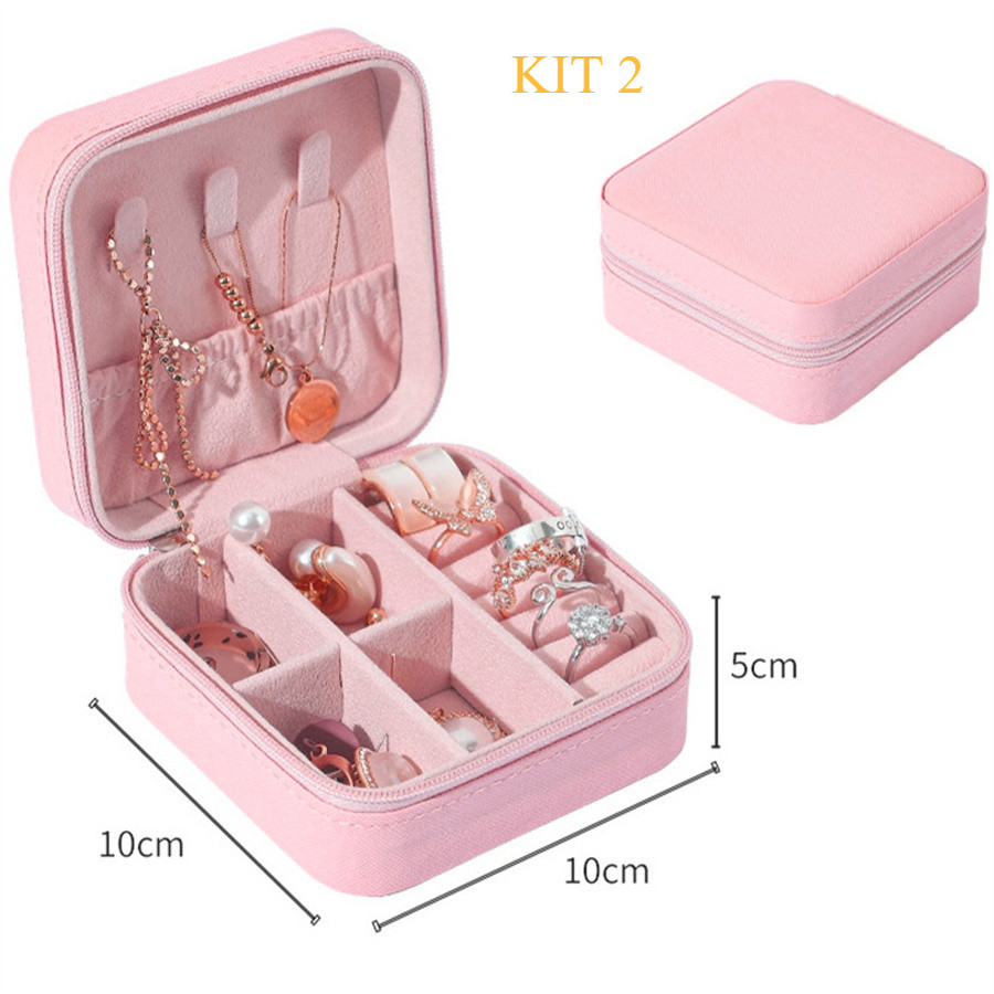 KIT 2 Porta Joia De Bolsa Para Viagem Portátil/ caixa de armazenamento/bolsa/anel/colar COR BABY ROSA