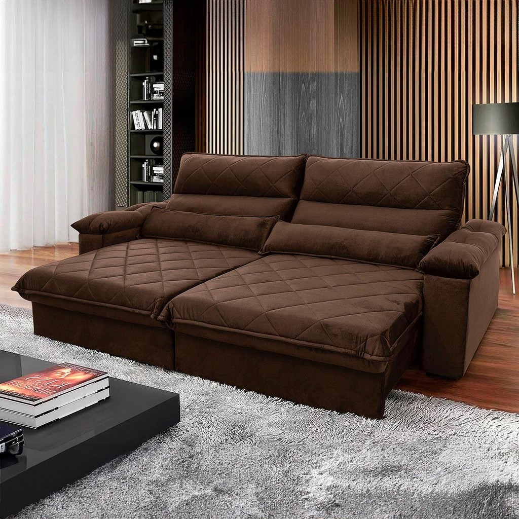 Sofá Retrátil Reclinável Grécia 3,00m Suede Velut Marrom  Molas no Assento - King House - Home & Living