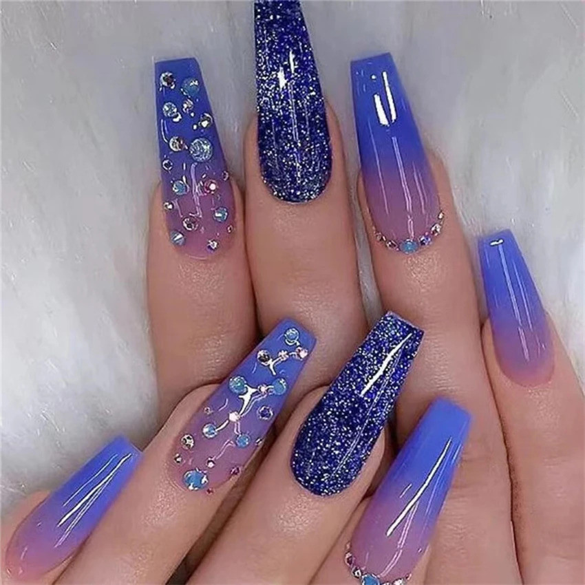 24 pçs/set gradiente azul longas unhas falsas com diamantes Artificial removível acrílico imprensa nas unhas Hot Sale Nails Stick on Nails