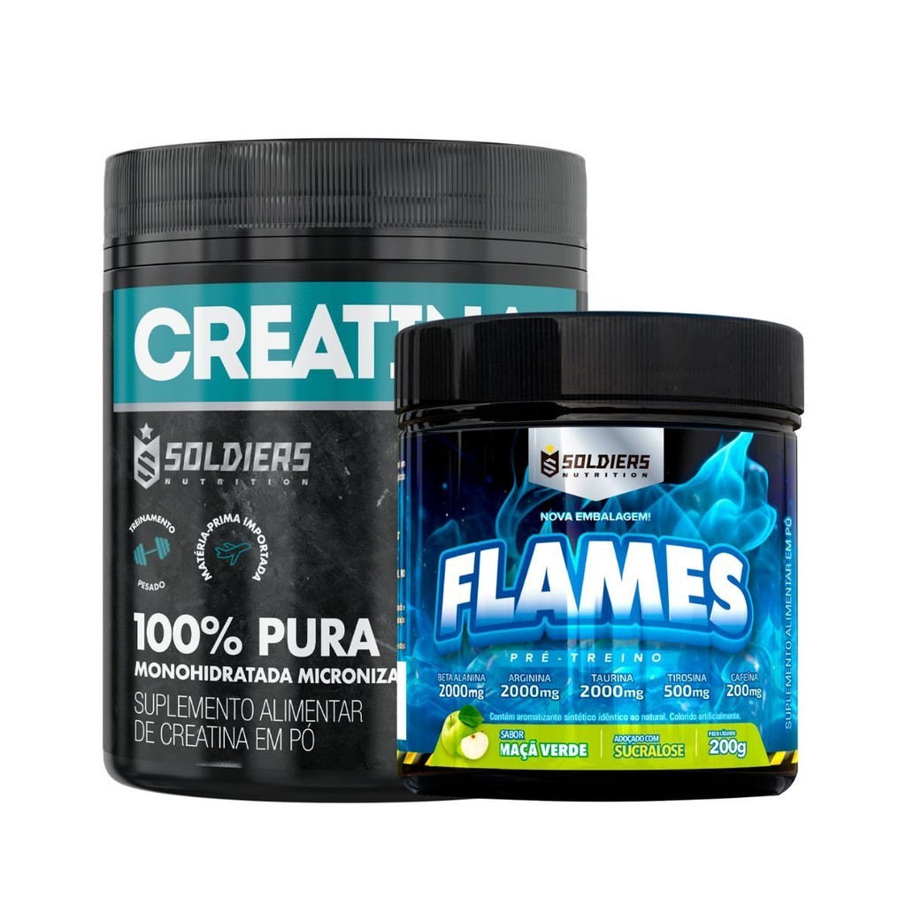 Kit: Creatina Monohidratada Pote 300g 100% Pura + Pré-Treino Flames 200g - Soldiers Nutrition - Health
