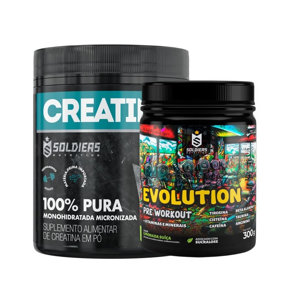 Kit: Creatina Monohidratada Pote 300g 100% Pura + Pré Treino Evolution 300g - Soldiers Nutrition - Health