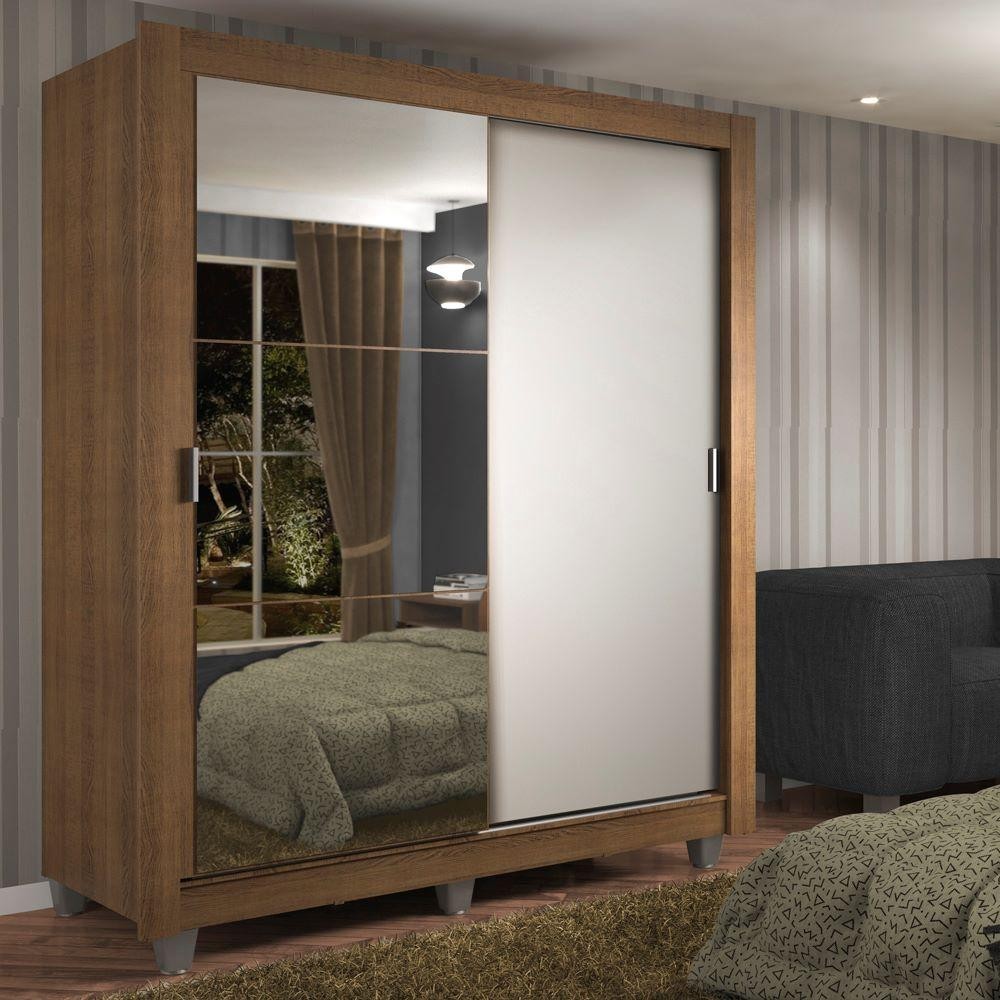 Guarda-Roupa Solteiro Madesa Dallas 2 Portas de Correr com Espelho 2 Gavetas com Pés - Rustic/Branco - Home & Living