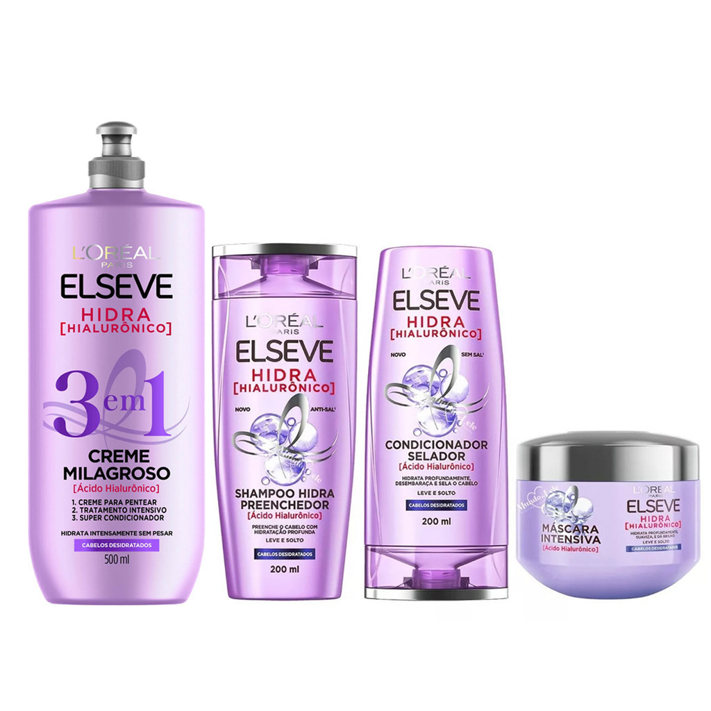 HIDRA HIALURÔNICO SHAMPOO + CONDICIONADOR + MÁSCARA + CREME 3 EM 1 ELSEVE - Beauty