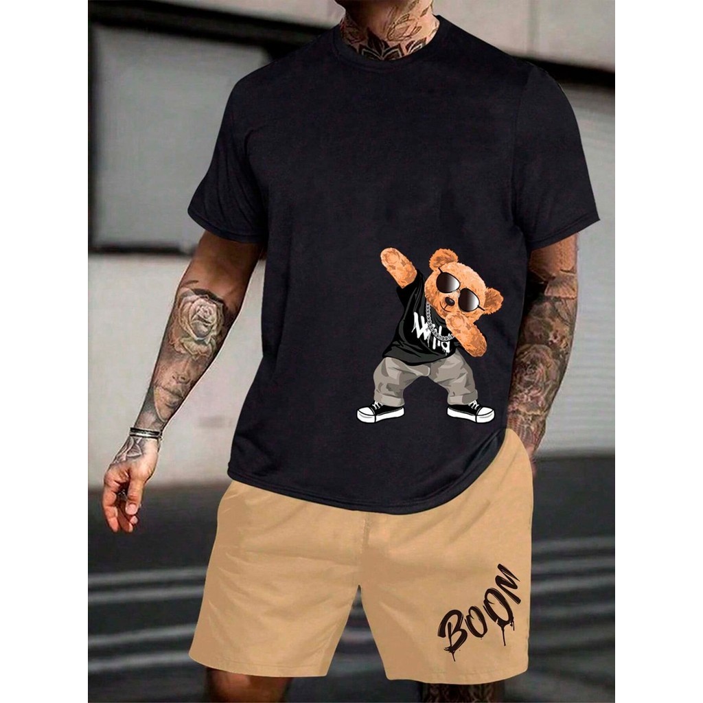 Conjunto Camiseta Algodão + Bermuda moletom Urso Boom Estiloso moda academia ,fitnnis,casual e  passeio lançamento la