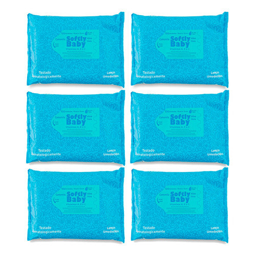 Lenços Umedecidos Higiene Limpeza Banho Bebê Softly Baby 6 pacotes com 100 Unidades Vitaminas A C E Aloe Vera Camomila