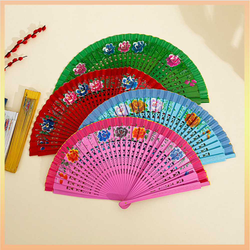 Leque De Madeira Colorido Espanhol , Portátil Para Dança Feminina , Dupla Face , Padrão De Flor , Festa , Casamento , Su
