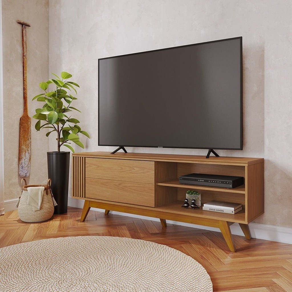 Rack Ripado para TV até 60 Polegadas com Pés Madeira Maciça e Porta Deslizante Otawa Freijó em Oferta na Shopee