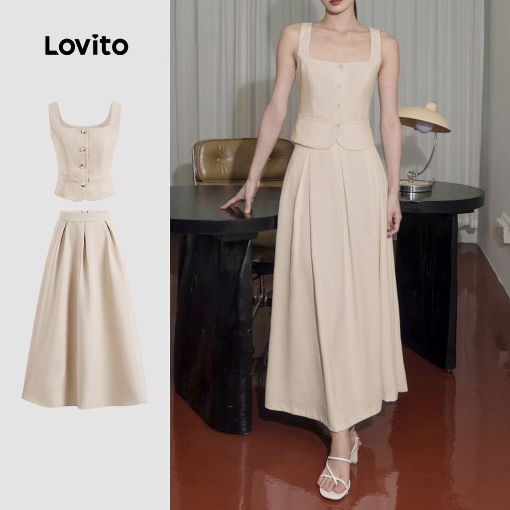 Lovito Tops Ou Calças Elegantes Com Botão Frontal Verão/Primavera Tops Ou Calças Para Mulheres L124AD089 - Women Clothes