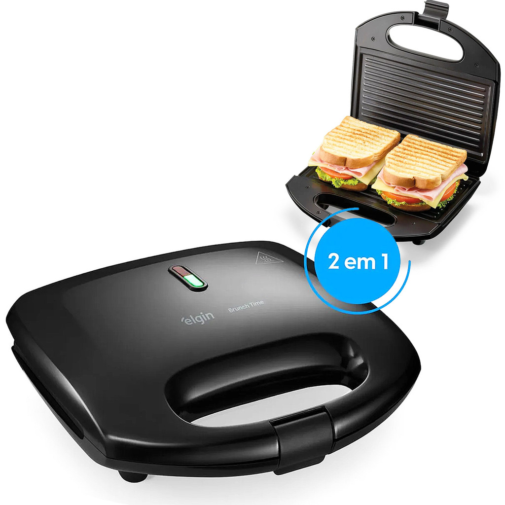 Sanduicheira Misteira Elétrica Grill Antiaderente Preto Faz 2 Sanduíches Elgin 127V 220V