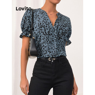 Lovito Elegante Blusa Feminina Bata de Bolinhas com Manga Bufante e Fenda Frontal LBL09068