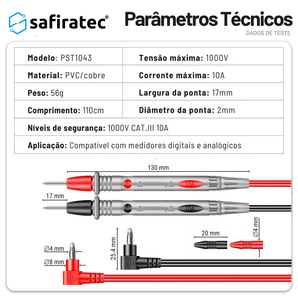 Cabos de Teste para Multimetro Ponta Tradicional 10A 1000V CAT.III - REF PST1043