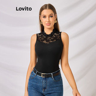 Lovito Sexy Blusa Feminina Floral de Malha de Contraste com Renda LBL09061