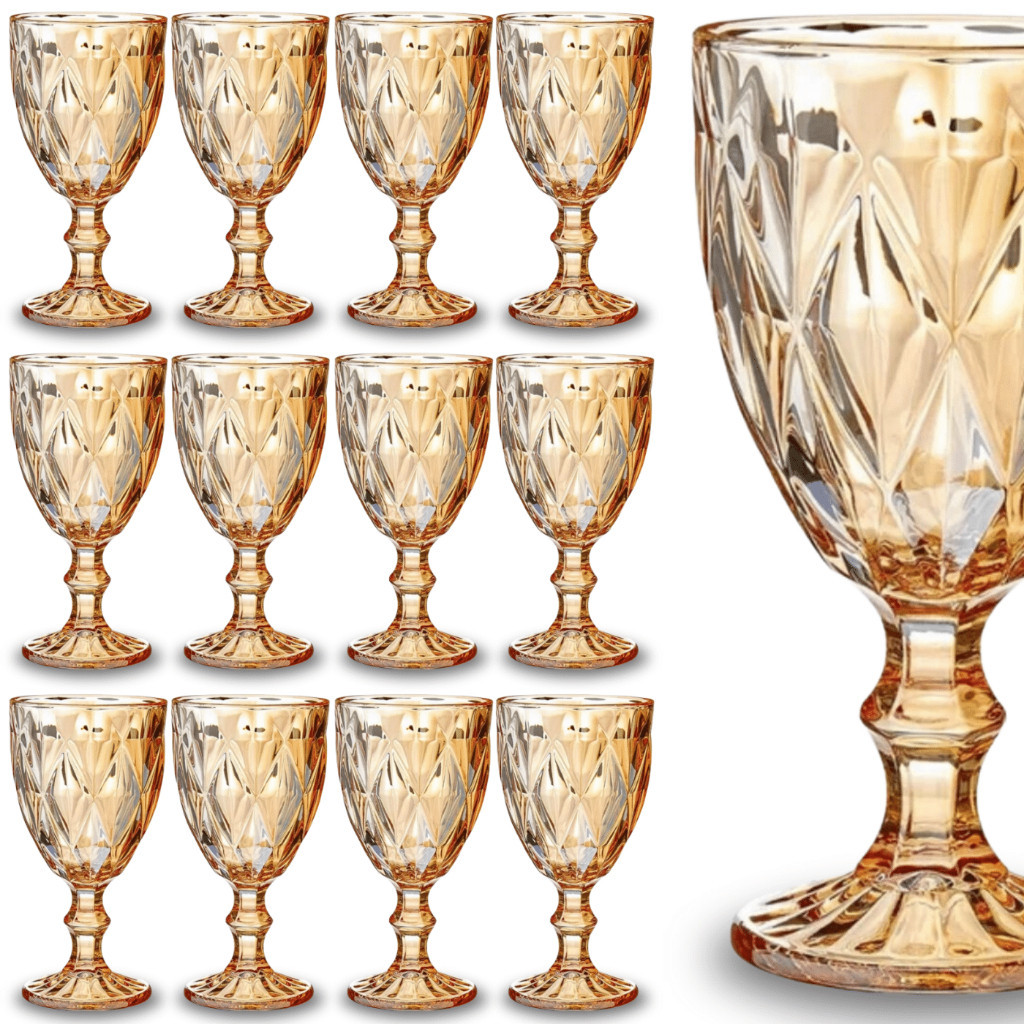 Jogo 12 Taça Diamante Copo Vidro Ouro Ambar Bico De Jaca 320ml em Oferta na Shopee