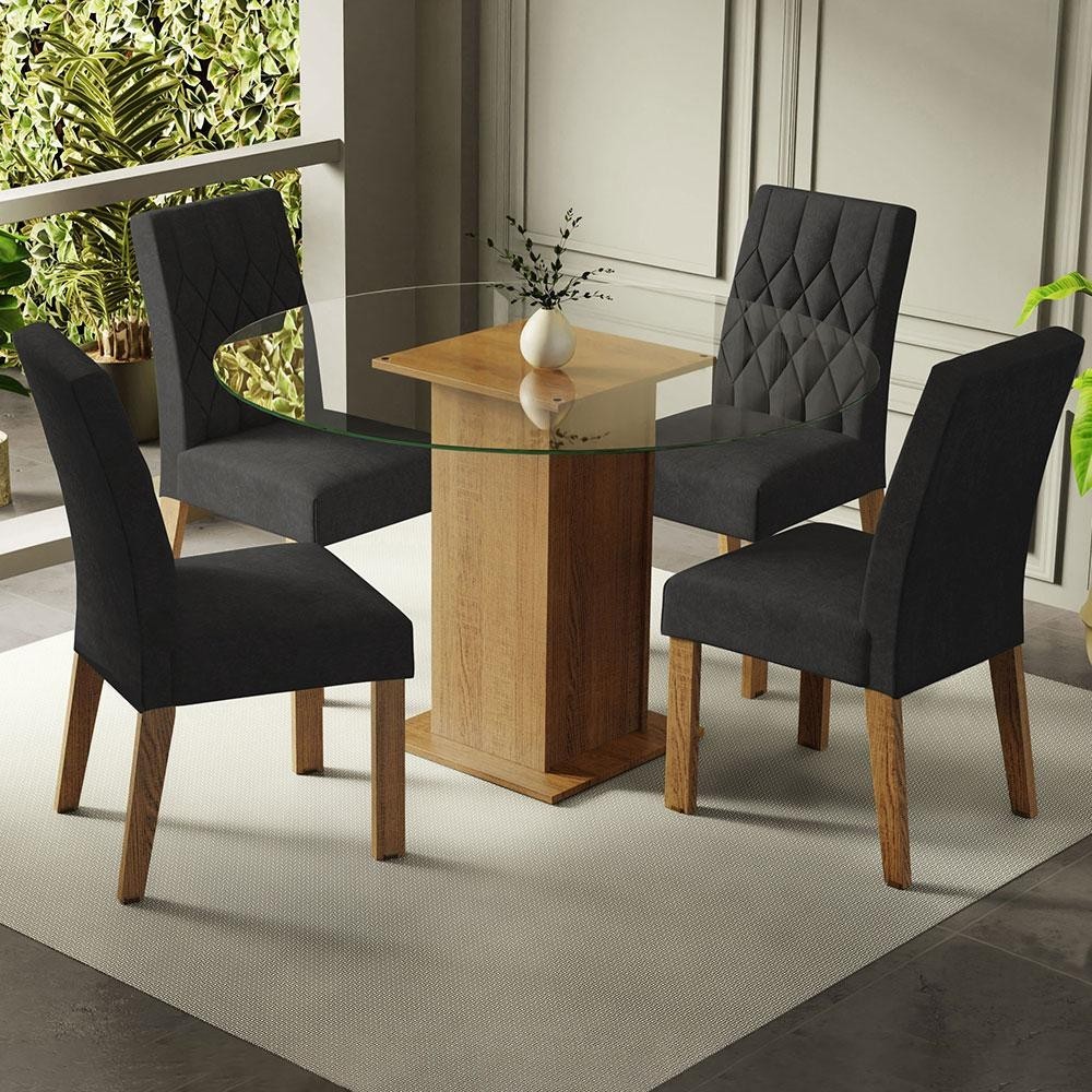 Conjunto Sala de Jantar Mesa Tampo de Vidro Redondo 4 Cadeiras Rustic/Oxford Irene Madesa em Oferta na Shopee
