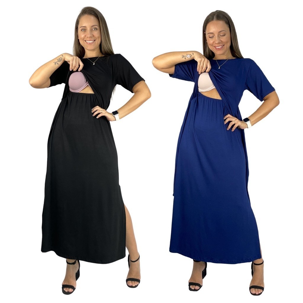 Kit 2 Vestido Amamentação Longo Viscolycra Premium Gestante Maternidade Moda Evangélica Amamentar em Oferta na Shopee
