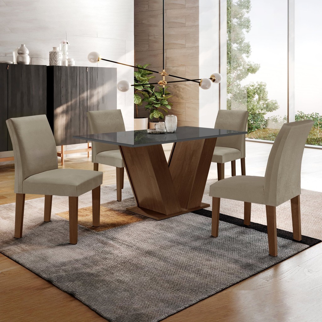 Conjunto Sala de Jantar Mesa 120x80cm Tampo MDF/Vidro com 4 Cadeiras Espanha Yescasa Chocolate/Grafite/Veludo Areia - Home & Living