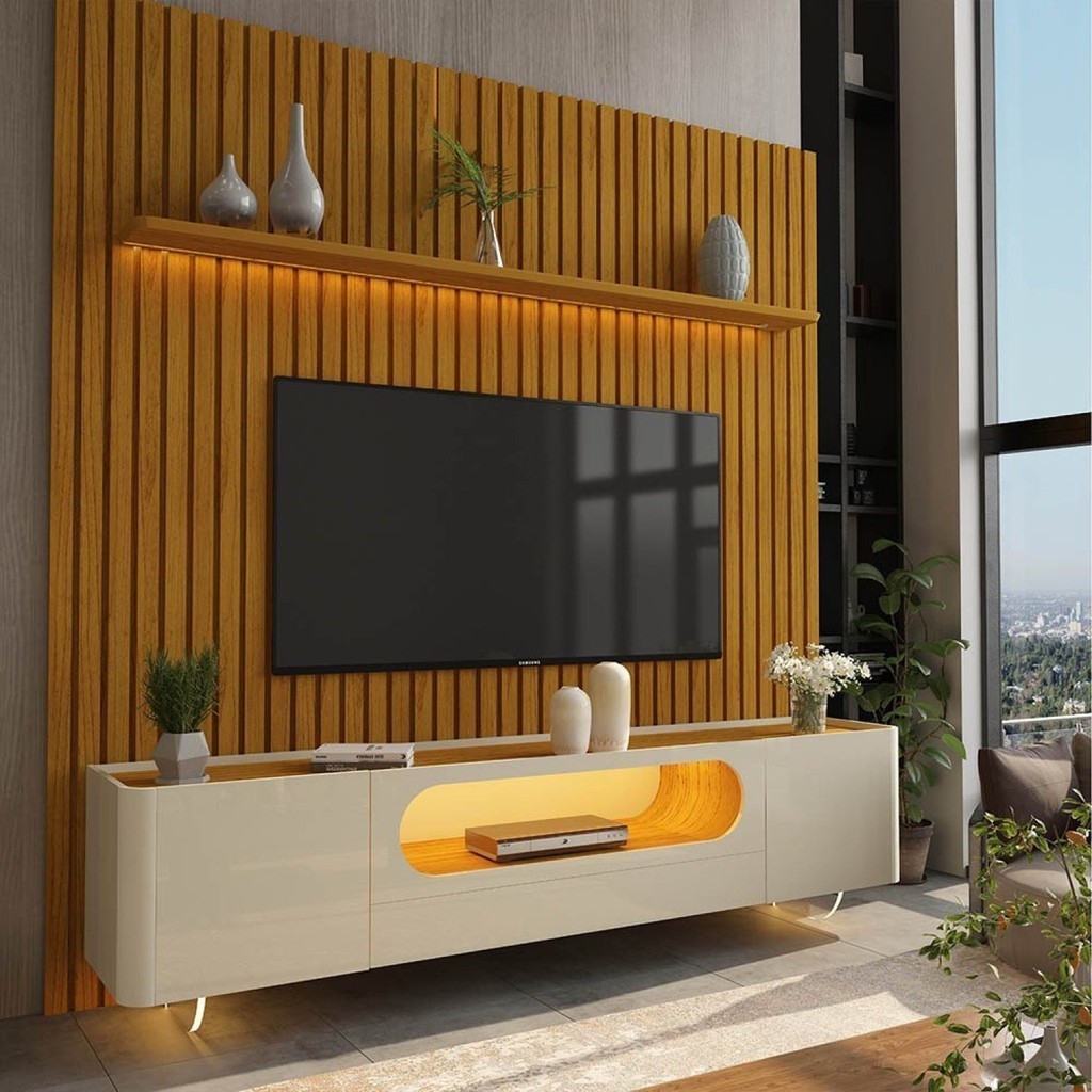 Rack com Painel Ripado TV até 90 Polegadas 1 Gaveta 2 Portas LED 230cm Nobre 100% MDF Naturale/Off White - Home & Living