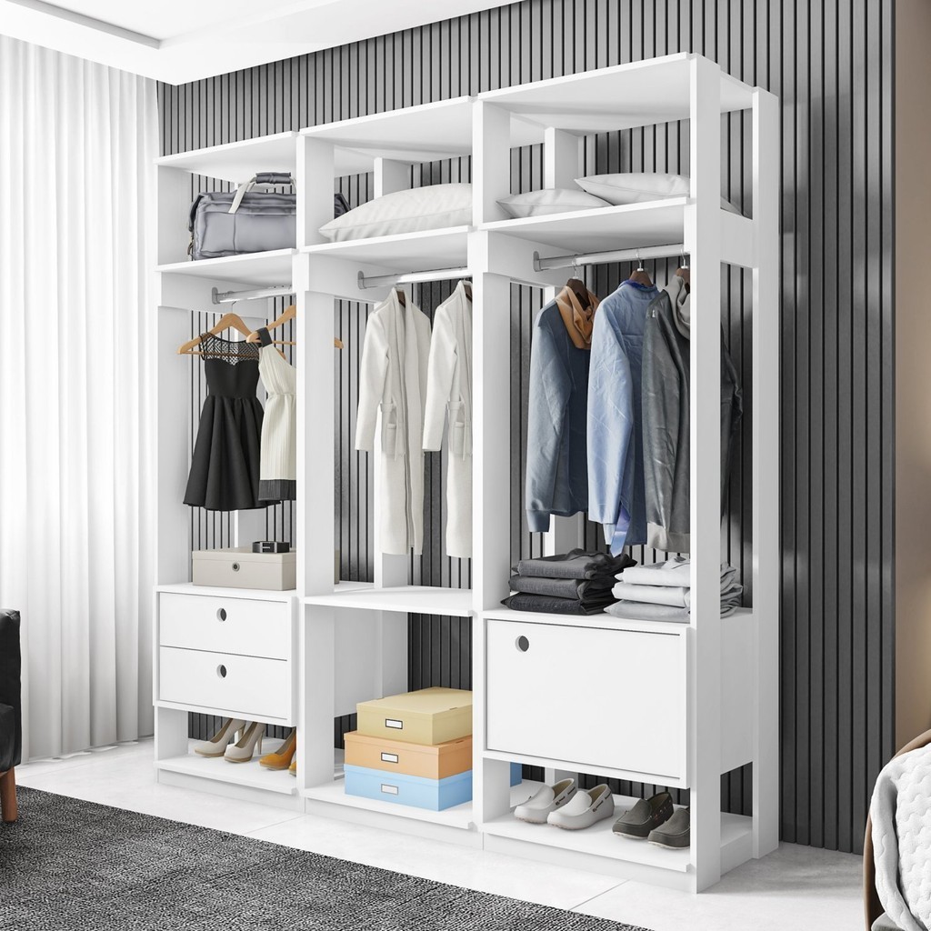 Guarda Roupa Casal Closet Modulado com 3 Cabideiros 1 Porta 2 Gavetas Titan Branco Velluto - Home & Living
