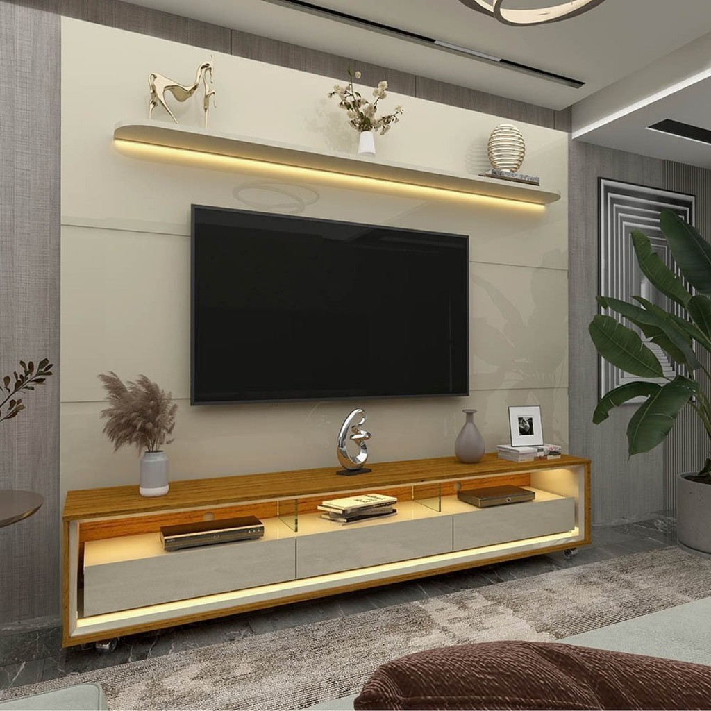 Rack com Painel para Tv até 90 Polegadas Led 3 Gavetas com Rodízios 220cm Royal/requinte 1...