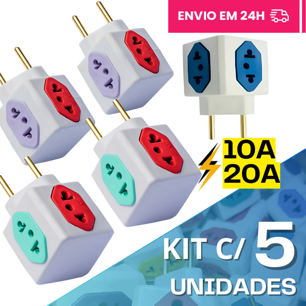 Adaptador de Tomada Kit C/5 Benjamin CUBO 10A/20A Pino Maciço Resistente 4 Tomadas Colorid...