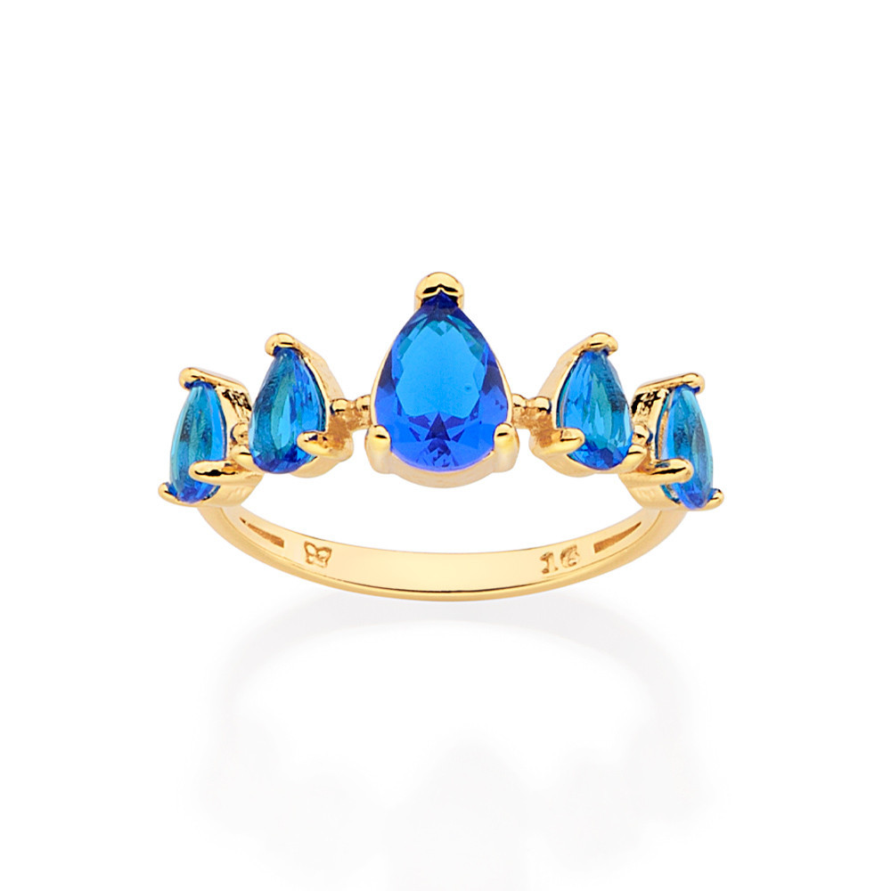 Anel Skinny Rommanel Com Cristais Azul Gotas Folheado a Ouro - 513410