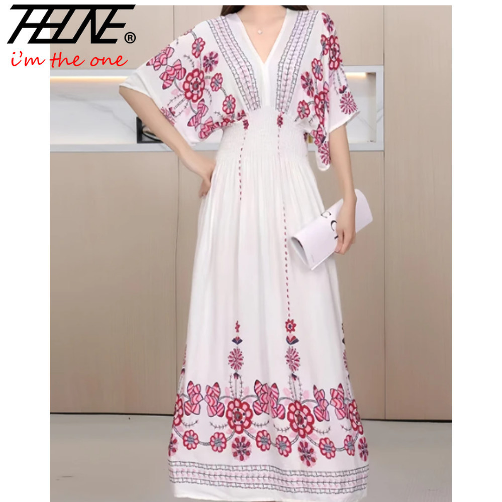 Vestido De Verão Da Moda Floral Indiana Tradicional Boêmia De 2024 Mulheres Maxi Long Beach Hawaii Viagem De Férias Roupas Indianas Casual Coreana Baju Black Cotton Linen Cool Dress