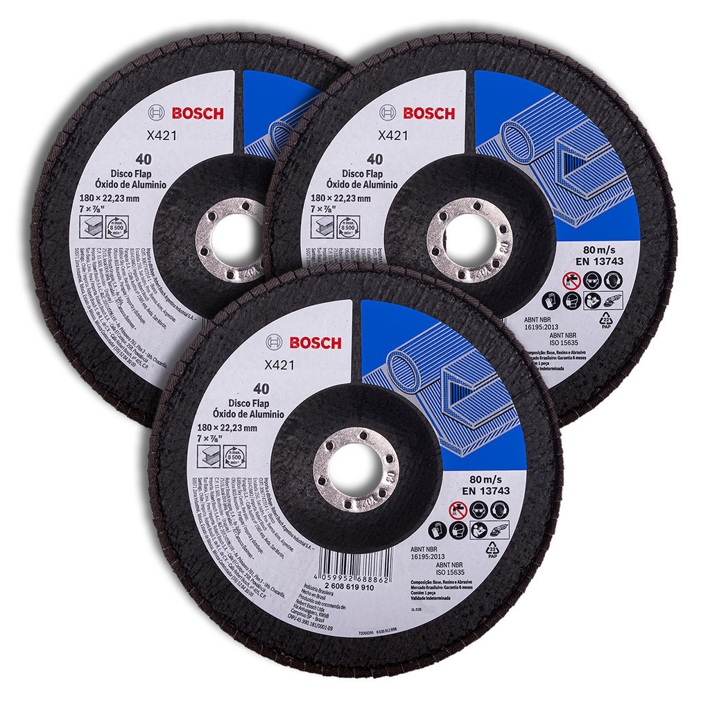 Discos Flap 180mm Bosch Grão 40 em Óxido de Alumínio X421 Kit com 3 Curvo 7" em Oferta na Shopee