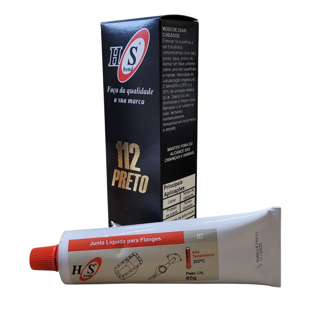Cola Silicone Alta Temperatura 112 Preta 85g HS Bond PRINCIPAIS APLICAÇÕES: Tampa de válvulas Bombas D'agua Protetor de Poeira Coletor de Admissão Carteres Tampa de Cabeçote Tampa Dianteira Carcaça Diferencial